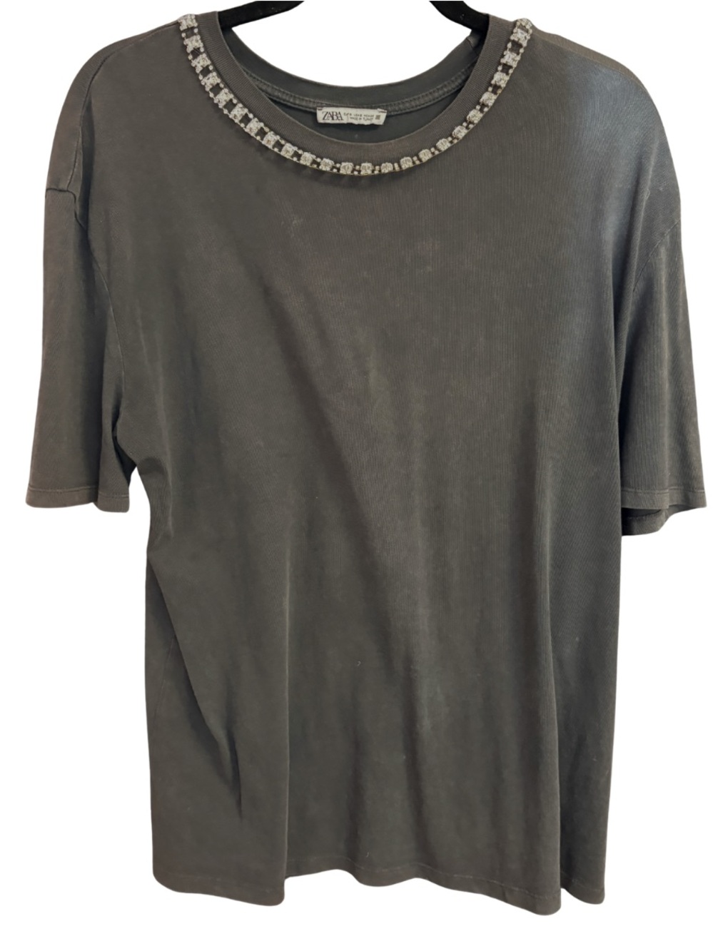 Zara Charcoal Rhinestone Neckline Oversized T-Shirt Size M